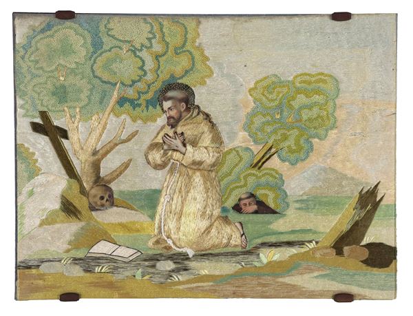Elmo Marianna (Lecce 1730) - "San Francesco", dipinto su ricamo a fili di seta incollati