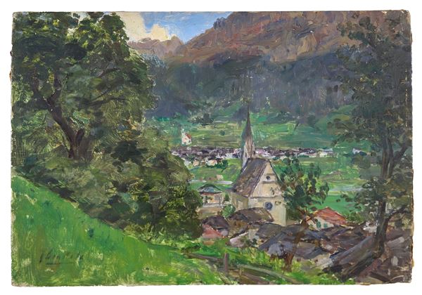 Pittore Italiano Fine XIX Secolo - Firmato. "Paesaggio con veduta di paese alpino", piccolo dipinto ad olio su tavoletta
