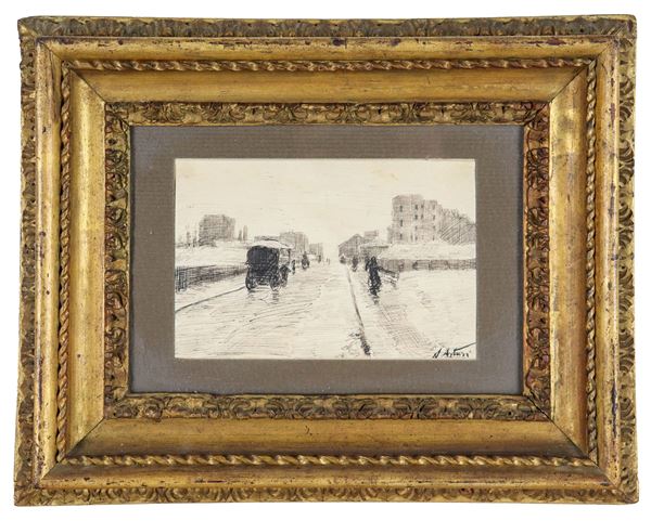 Antonio Asturi - Signed. "Town street with carriage and figures", small ink drawing on paper