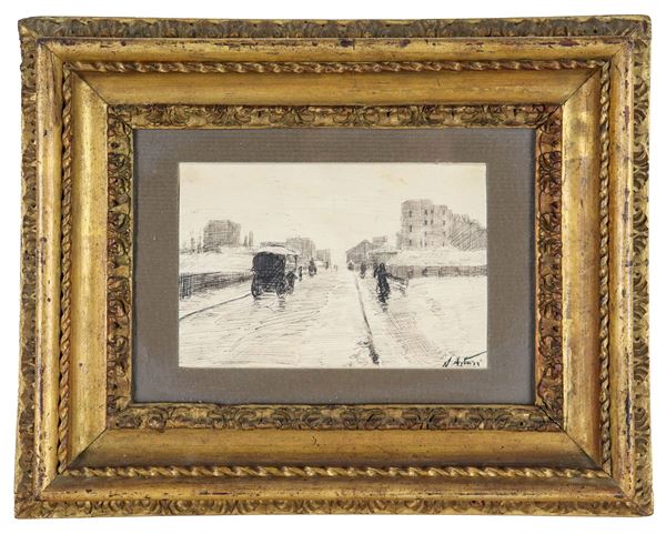 Antonio Asturi - Firmato. "Strada di paese con carrozza e figure", piccolo disegno a china su carta