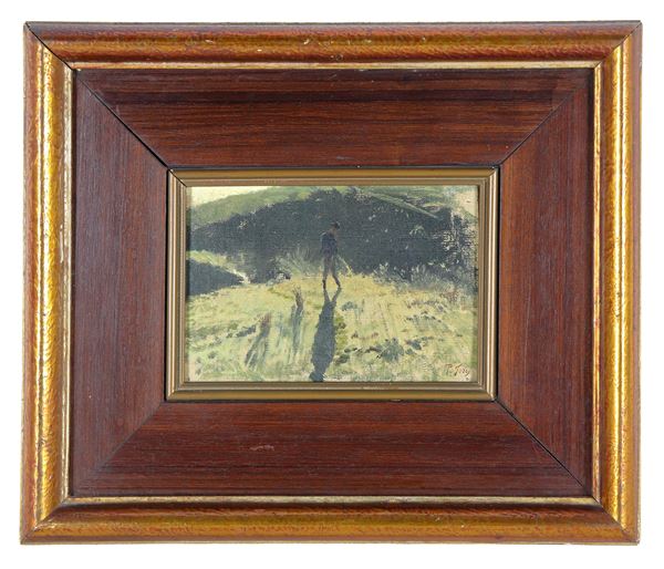 Pio Joris - Signed. "The young man's stop on the lawn", small oil painting on pressed cardboard