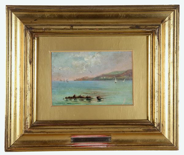 Francesco Paolo Lojacono - Attributed. "Marina with a view of the Palermo coast with boats", bright small oil painting on pressed cardboard