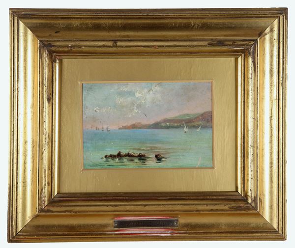 Francesco Paolo Lojacono - Attribuito. "Marina con veduta della costa palermitana con barche", luminoso piccolo dipinto ad olio su cartone pressato