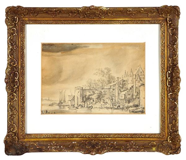 Simon Jacobsz De Vlieger - Firmato. "Scorcio di città fiamminga con torre e barche di pescatori", piccolo disegno a matita su carta