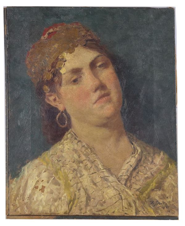 Pio Joris - Firmato e datato 1880. "Ritratto di giovane ragazza", dipinto ad olio su tela di ottima esecuzione pittorica. Lievi cadute di colore