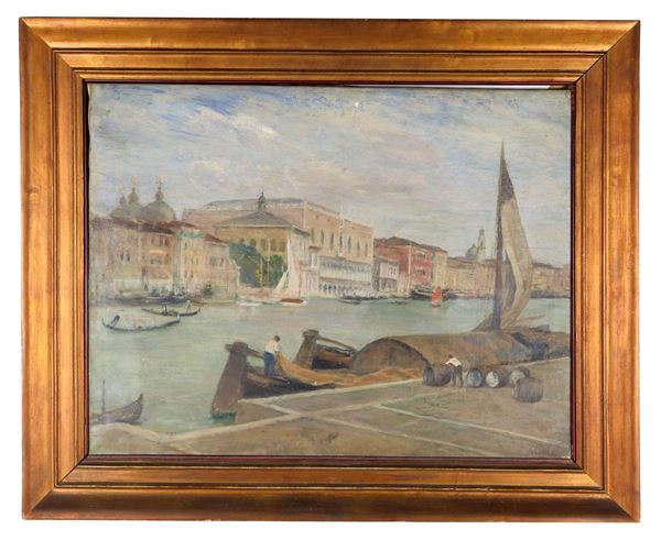 Ferruccio Scattola - Firmato. "Veduta di Venezia con gondole e barche ormeggiate", dipinto ad olio su tela. Il dipinto è stato esposto con il n.191 alla XIII Esposizione Internazionale d'Arte della città di Venezia del 1922