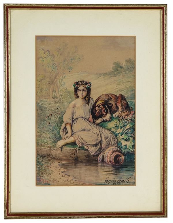 Consalvo Carelli - Signed and dated on the back 1885. "Innocence and Fidelity", bright watercolor on paper