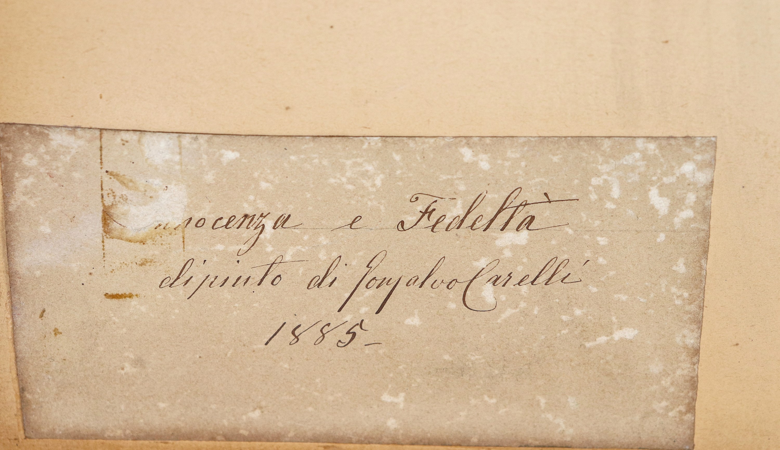Firmato e datato sul retro 1885. "Innocenza e Fedeltà", luminoso acquarello su carta
