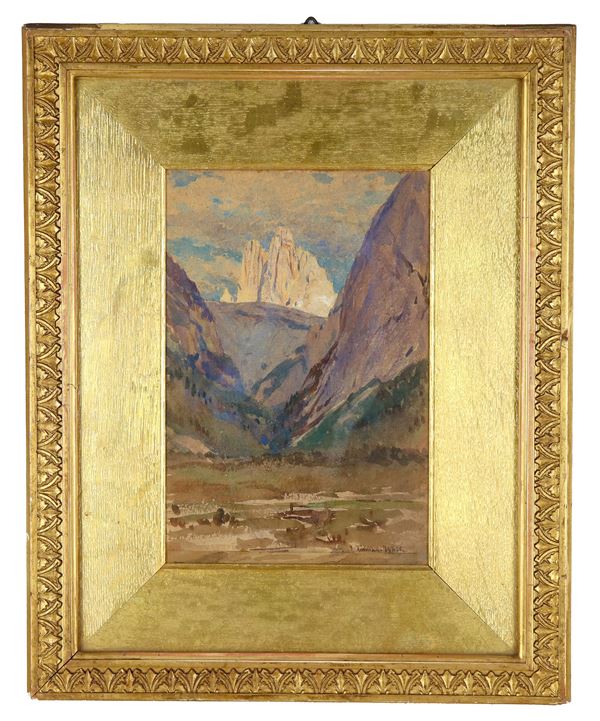 Pittore Inglese Fine XVIII Secolo - Firmato. "Paesaggio con veduta delle Alpi", piccolo dipinto a tecnica mista su tavoletta