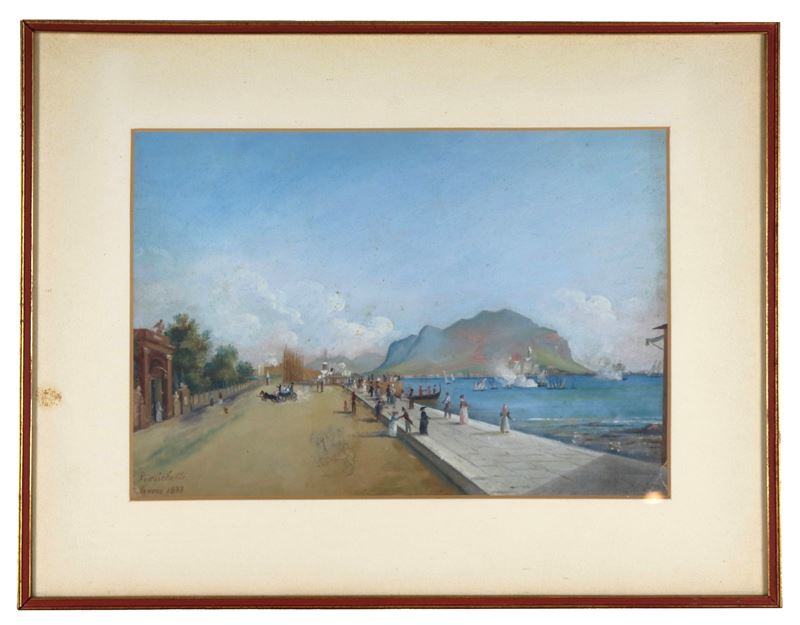 Firmato e datato Palermo 1883. "Lungomare di Palermo con l'imbarco dei Reali e il Monte Pellegrin...