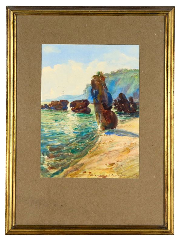 Eugenio Brandolisio - Firmato e datato 1912. "Veduta di costa con scogli a La Spezia", piccolo acquarello su carta