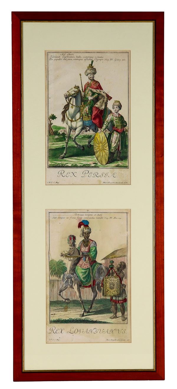 Lot of two ancient watercolor engravings on paper depicting "Royals of Asia", united in a single frame
