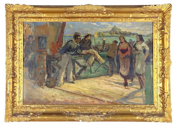 Pittore Veneto Inizio XX Secolo - "Veduta di Venezia con gondolieri e marinai che corteggiano le ragazze sul pontile", dipinto ad olio su compensato