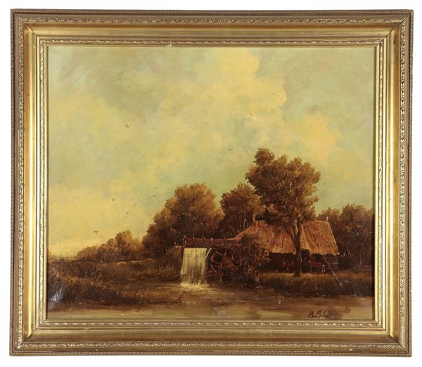 Pittore Francese XIX Secolo - Firmato. "Paesaggio con casa contadina e mulino", dipinto ad olio su tela