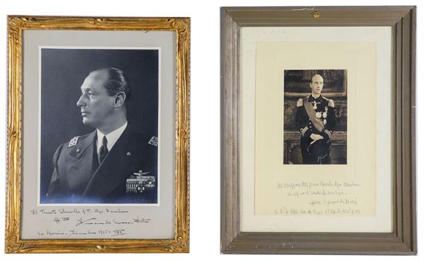 "Eugenio di Savoia" and "Aimone di Savoia Aosta", lot of two photographs with dedications in table frames