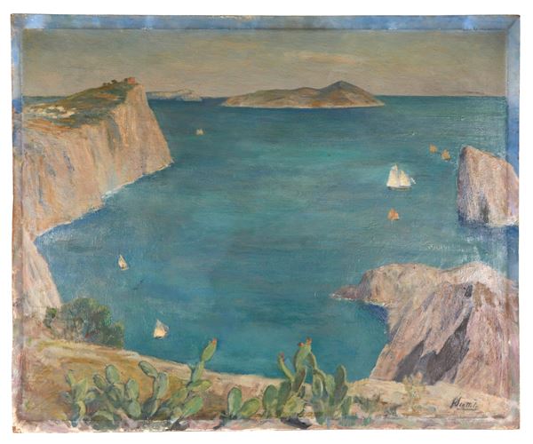 Ferruccio Scattola - Signed. "Marina with a view of the Aeolian Islands from the coast", oil painting on plywood. The painting was exhibited under no. 792 at the XVI International Art Exhibition of the city of Venice in 1928