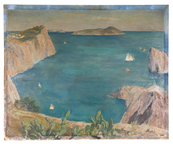 Ferruccio Scattola - Firmato. "Marina con veduta delle Isole Eolie dalla costa", dipinto ad olio su compensato. Il dipinto è stato esposto con il n. 792 alla XVI Esposizione Internazionale d'Arte della città di Venezia del 1928