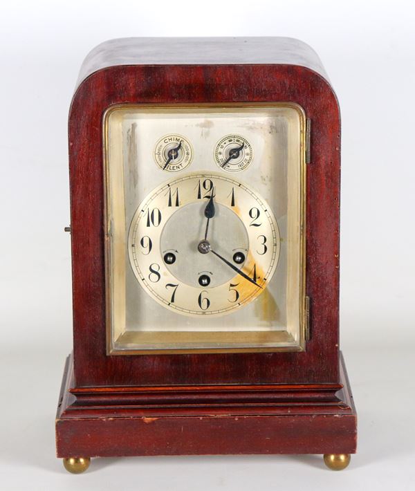 Antique English table clock with mahogany case and bell chime, defective silvered metal dial