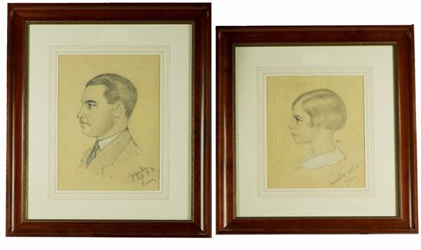 Two Drawings &quot;Girl and man with mustache&quot;. Signed and dated  (Rome 1917)  - Auction Fine Art Legacy of Prestigious Noble Roman Villino and Private Collections - Gelardini Aste Casa d'Aste Roma