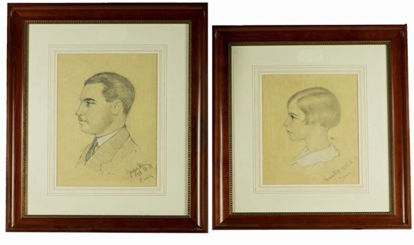 Two Drawings &quot;Girl and man with mustache&quot;. Signed and dated
