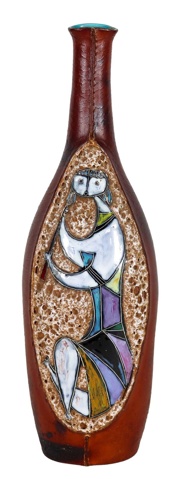 Bottle covered in leather with an oval plaque in the center in polychrome enamel representing an abstract female figure. 50s - 60s