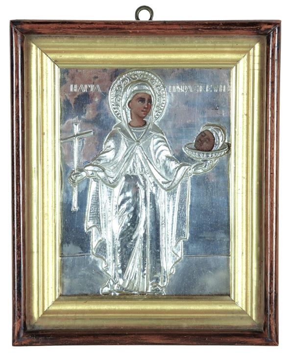 "Santa Parasceva di Roma", antica piccola icona greca dipinta su tavola con rizza in metallo argentato, in cornice a bacheca in legno dorato e noce. XIX Secolo 