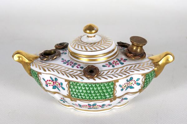 Antique French inkwell in Sevres porcelain, entirely colorful with bunches of flowers and highlights in pure gold