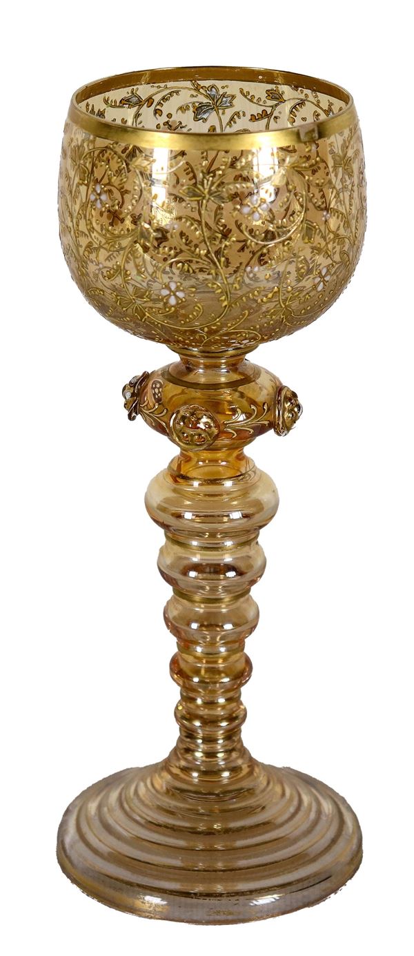 Murano blown glass cup with golden flower applications, small drop of gilding on the edge