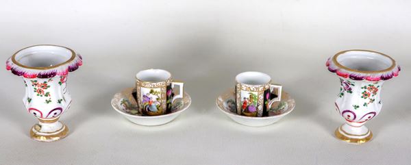 Antique lot in Dresden and French polychrome porcelain of a pair of cups with saucers and a pair of amphora jars (4 pieces), various breakages