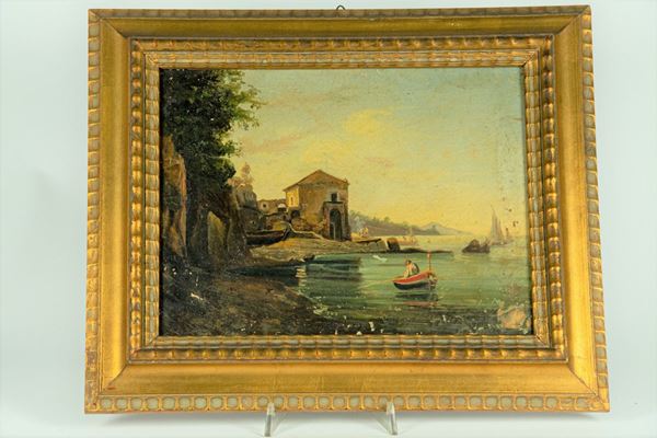 Pittore Italiano XIX Secolo - &quot;Marina with a view of coastal houses and fishermen&quot;