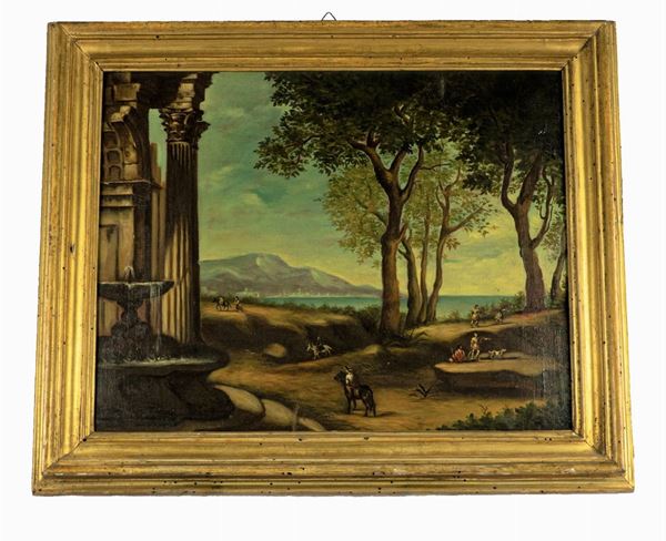 Pittore Italiano Inizio XIX Secolo - &quot;Landscape with ruins, wayfarers and fountain&quot;