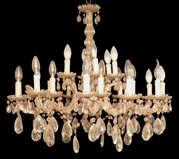 Crystal chandelier with prisms and drops, 24 lights