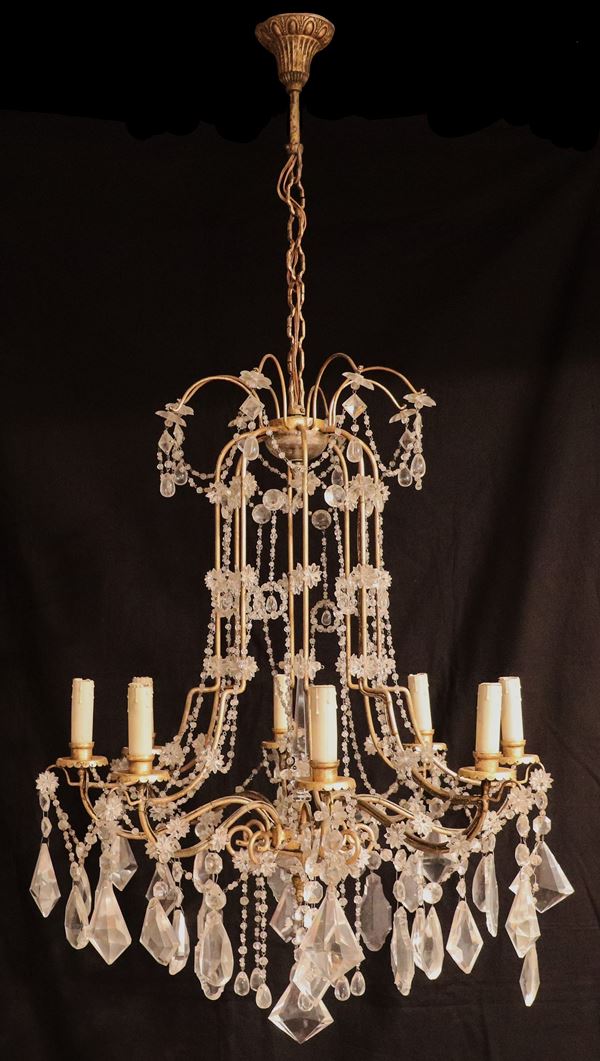 Chandelier in crystal and golden metal with prisms, droplets and drops, 8 lights