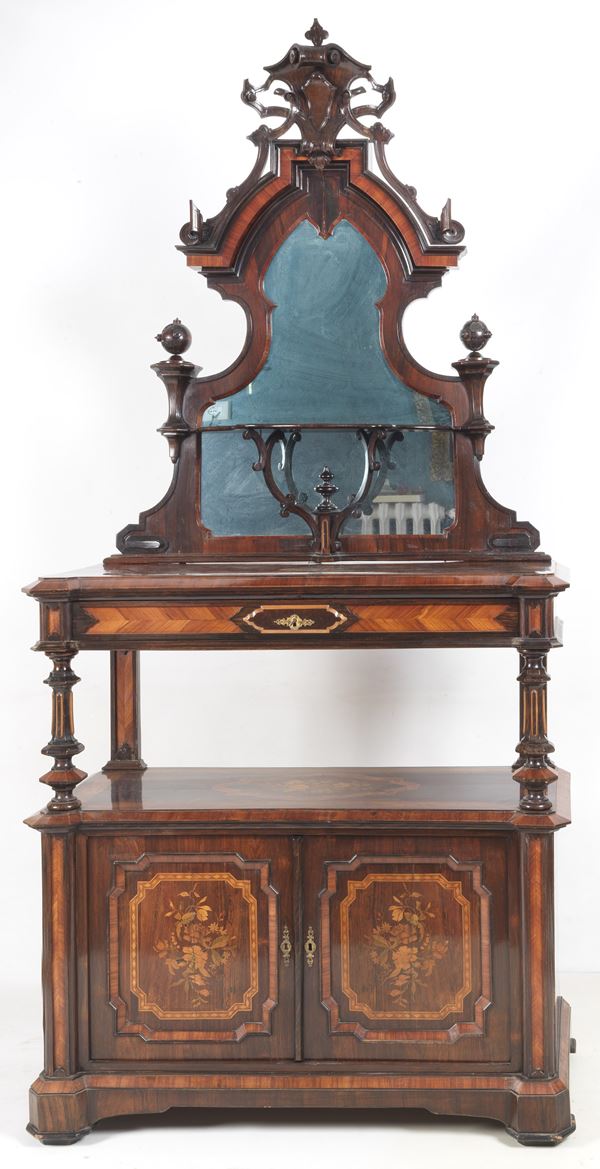 Antique Louis Philippe servant, in walnut, bois de rose and purple ebony, on the top shaped riser with mirror, a drawer, uprights with fluted columns and two doors underneath inlaid with floral motifs