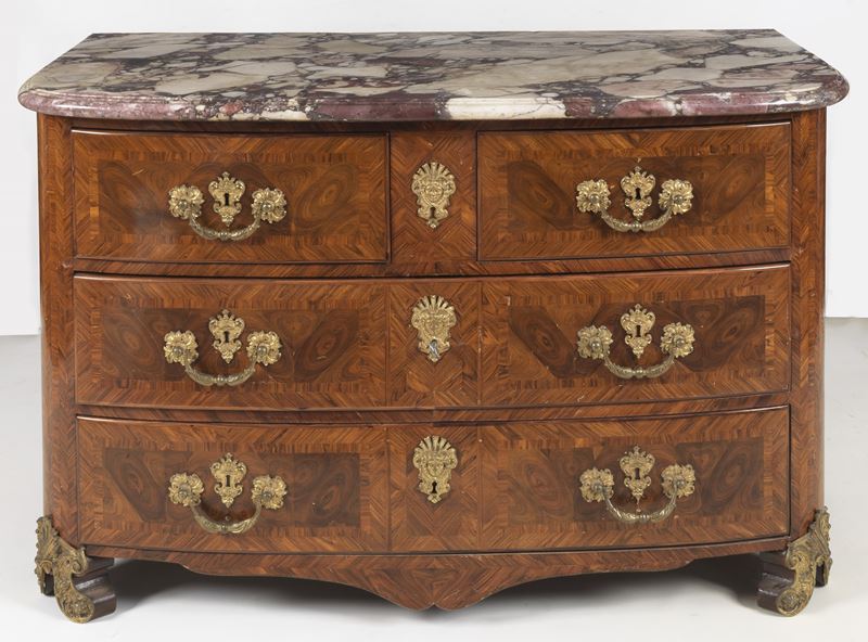 Antica commode francese Napoleone III (1852-1870), in ebano viola e bois de rose con intarsi a fi...