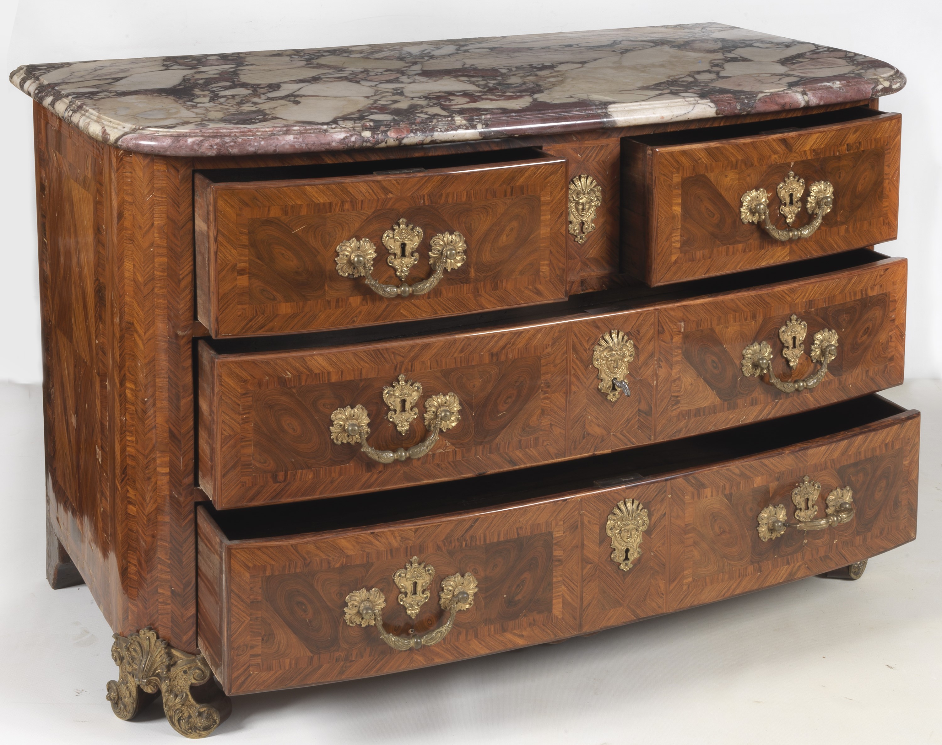 Antica commode francese Napoleone III (1852-1870), in ebano viola e bois de rose con intarsi a fi...