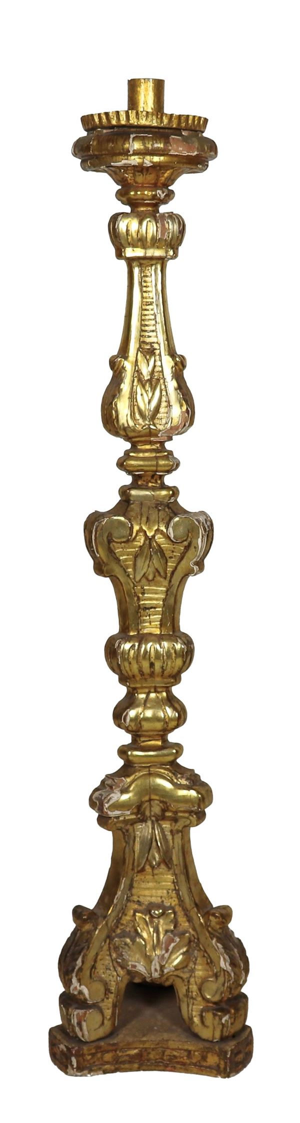 Antique floor torch holder in gilded wood and carved with Louis XIV motifs, some defects