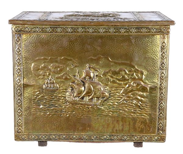 Antique gilded copper coal holder, chiseled and embossed with sailing ship motifs, wooden interior