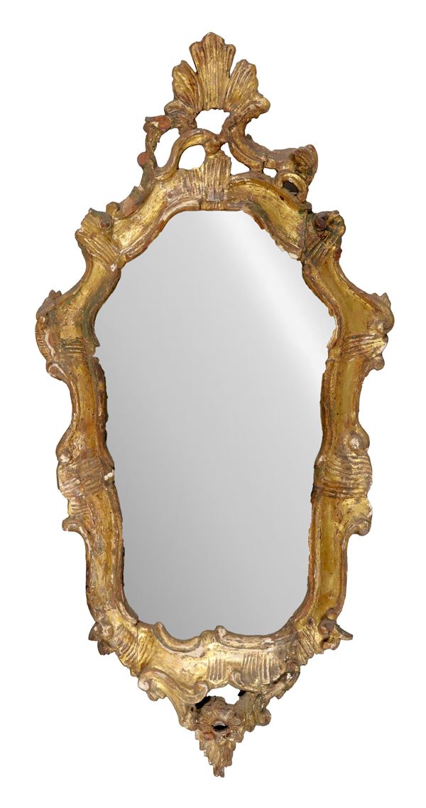 Antica piccola specchiera a ventolina, in legno dorato e intagliato a motivi Luigi XV, specchio al mercurio
