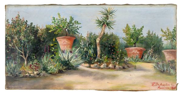 Pittore Italiano Fine XIX Secolo - Firmato e iscritto Manziana 1895. "Giardino fiorito", piccolo dipinto ad olio su tela