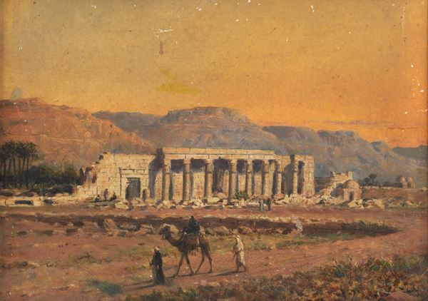 Pittore Orientalista Seconda Met&#224; XIX Secolo - Signed. "Arab landscape with Roman ruins and travelers with camels", small oil painting on pressed cardboard