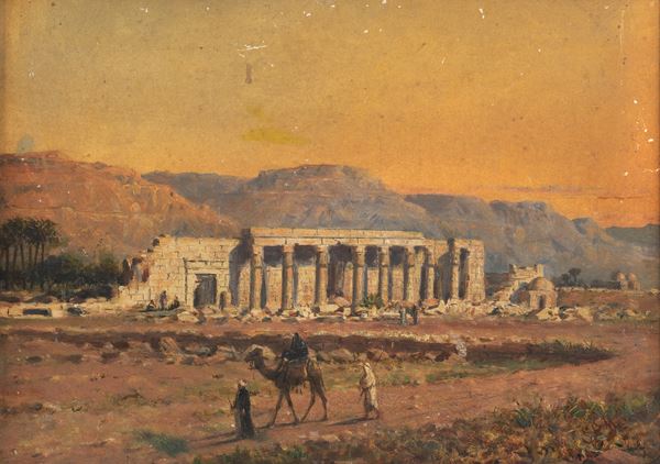 Pittore Orientalista Seconda Met&#224; XIX Secolo - Firmato. "Paesaggio arabo con ruderi romani e viandanti con cammello", piccolo dipinto ad olio su cartone pressato
