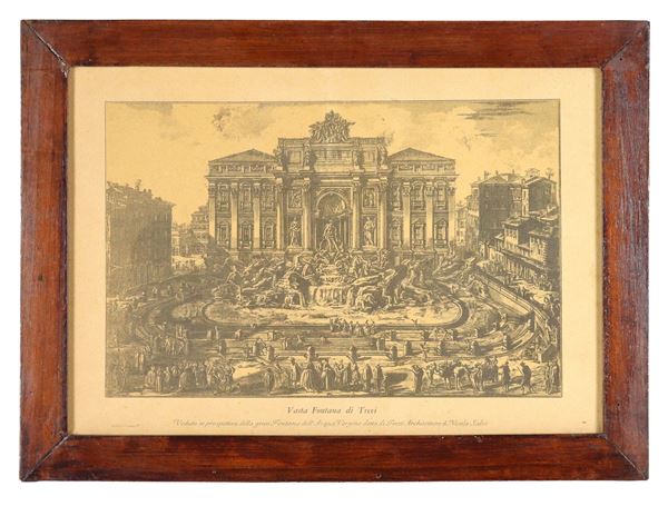 "Veduta prospettica di Fontana di Trevi", piccola incisione su carta