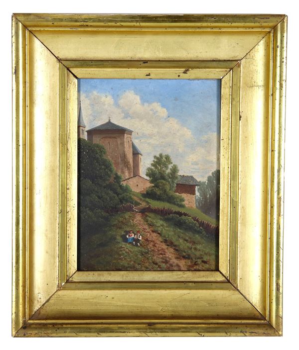 Pittore Francese Fine XIX Secolo - "Children on the meadow with a glimpse of houses", small oil painting on panel