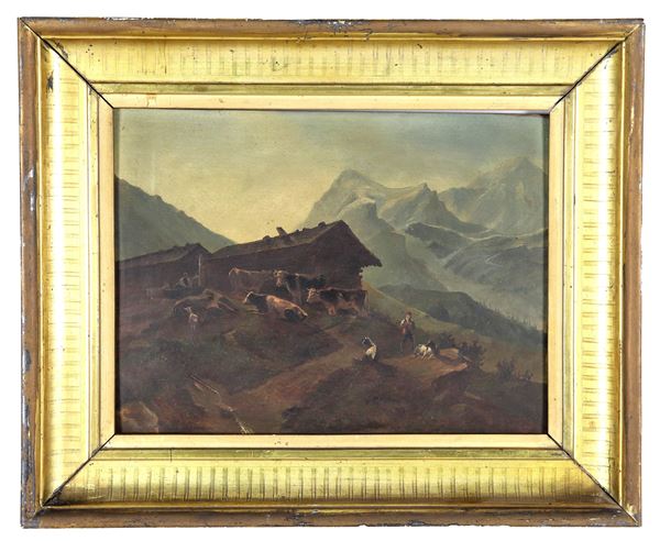 Scuola Italiana Fine XIX Secolo - "Alpine landscape with mountain hut, stable, shepherd and cows", small oil painting on tablet