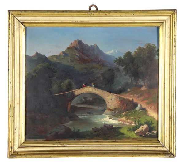Pittore Italiano Fine XIX Secolo - Firmato e datato sul retro 1880. "Ricordo di Oropa", piccolo dipinto ad olio su tavoletta