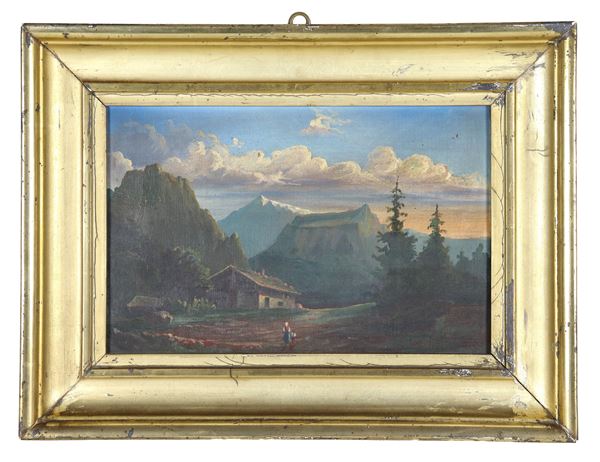 Pittore Italiano Fine XIX Secolo - "Alpine landscape with peasant house, stable and mother with little son", small oil painting on canvas