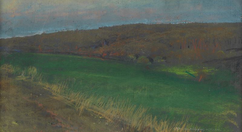 Firmato e datato 1924. "Puntarenas", piccolo dipinto ad olio magro, probabilmente eseguito dal Ma...