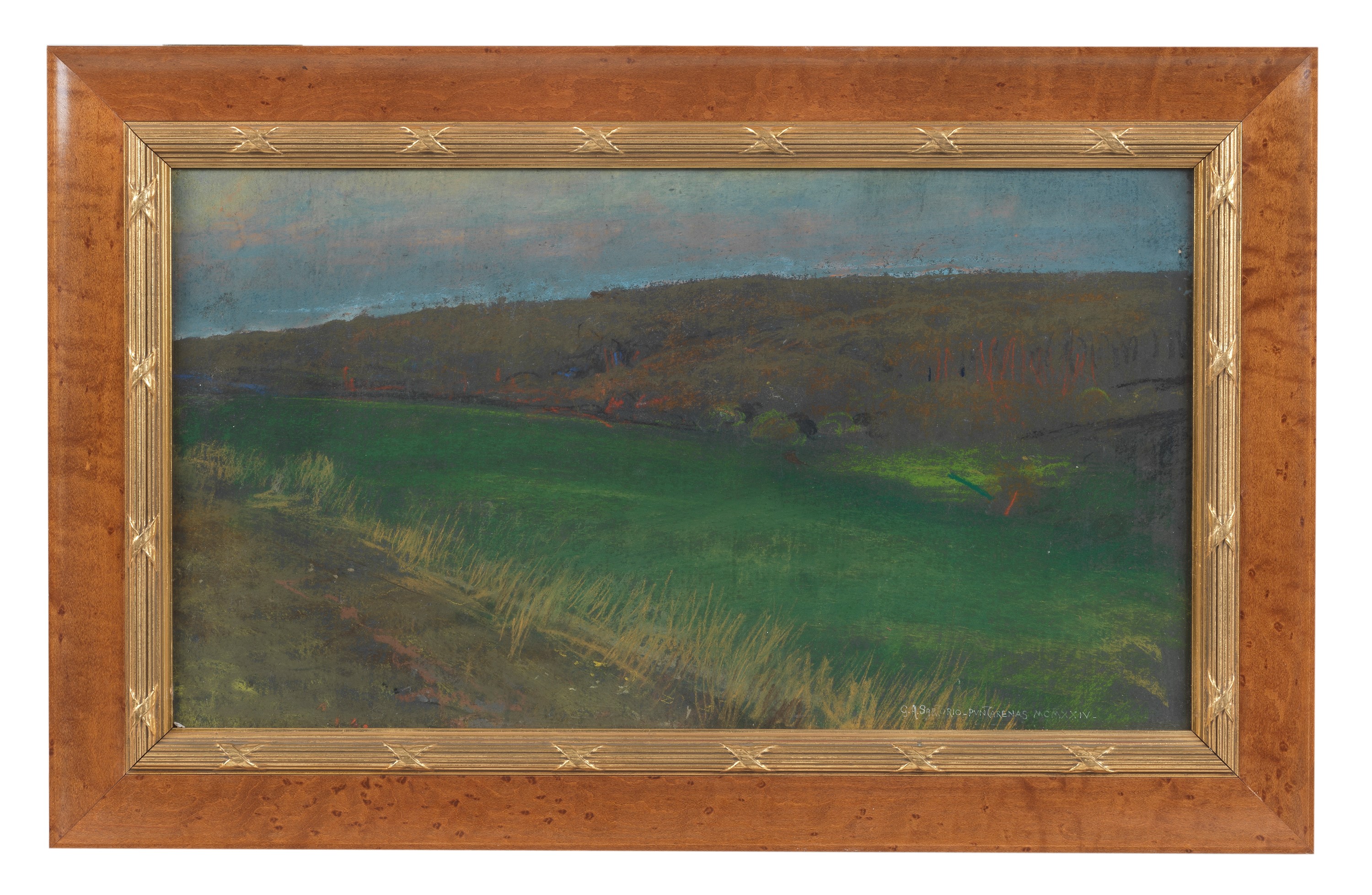 Firmato e datato 1924. "Puntarenas", piccolo dipinto ad olio magro, probabilmente eseguito dal Ma...