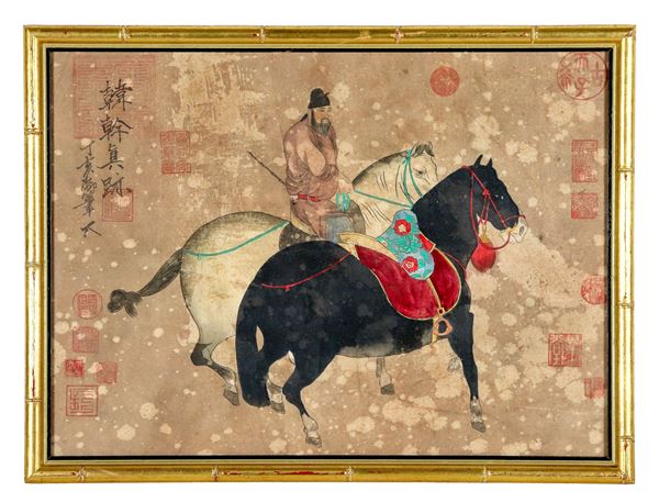 "Dignitary with horses", ancient Chinese painting with inscriptions, various defects